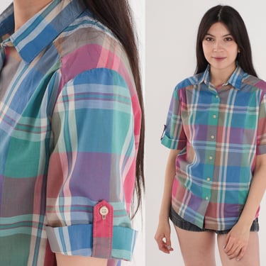 Checkered Blouse 80s Button Up Shirt Blue Green Pink Plaid Print Retro Preppy Short Tab Cuffed Sleeve Collared Top Vintage 1980s Medium M 