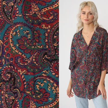 90s Paisley Shirt Red Button Up Shirt Print Rayon Short Sleeve Top Grunge Psychedelic Collar Shirt Boho Blue Vintage Men's Extra Large xl 