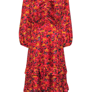 J.Crew Collection - Red &amp; Multicolor Floral &amp; Leopard Print Ruffled Silk Maxi Dress Sz 14