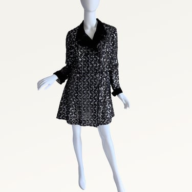 70s Vintage Silver Rhinestone Sequin Dress Coat , Designer Henry Higgins Mod Evening Tuxedo Swing Medium 