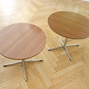 Pair of Vintage Mid Century Modern Round Wooden Coffee Tables Scandinavian Chrome Formica Laminated West German Retro Side End Accent Dining 