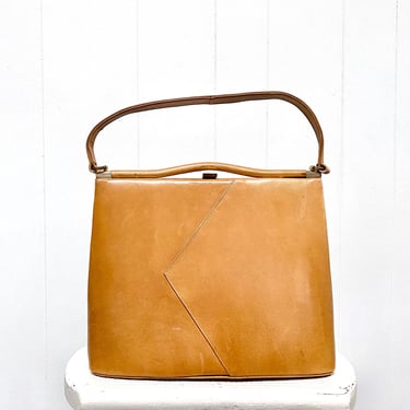 Vintage 1950s Camel Leather Handbag, Mid-Century Top Handle Purse, Genuine Calfskin Bag by Leon 