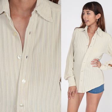 70s Shirt Beige CUTOUT Top Button Up Boho Collared 1970s Retro Vintage Disco Pointelle Shirt Long Sleeve Bohemian Cut Out Men's Small Medium 