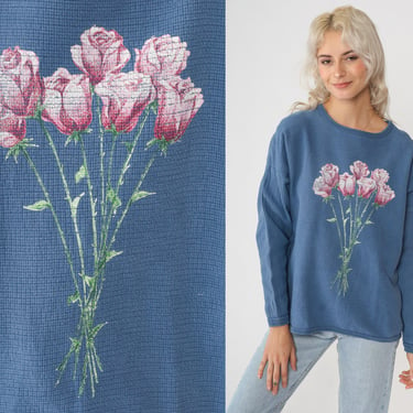 Cotton Floral Sweatshirt 90s Blue Flower Print Sweatshirt Retro Crewneck Drop Shoulder Grandma Sweater Girly Vintage 1990s Large xl 