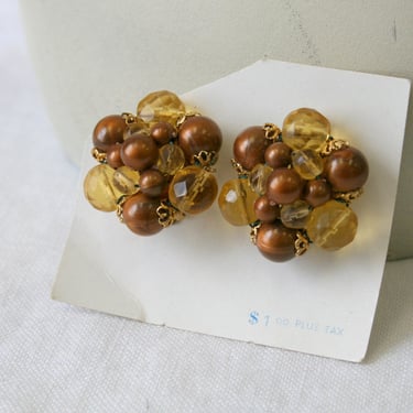 1950s NOS West German Crystal and Brown Pearl Clip Earrings 