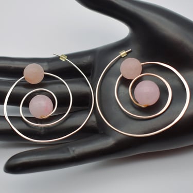 80's sterling rose quartz spiral threaders, big 925 silver faceted pink beads boho festival earrings 