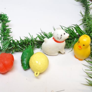 5 Vintage 1950's Tiny Plastic Fruits, Dog, Bird, Dog,  Feather Tree Christmas Ornaments 