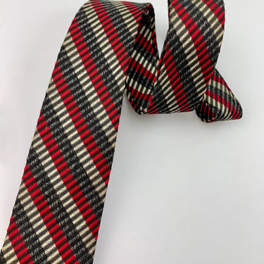 Late 1950's Early 60's Striped Tie - Cotton and Silk Blend - Red, Grayish-Green & Cream Stripes - Narrow Width 