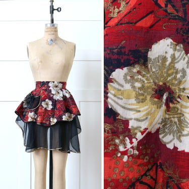 vintage 1950s tiki apron • red & sheer black floral Hawaiian hibiscus print hostess apron 