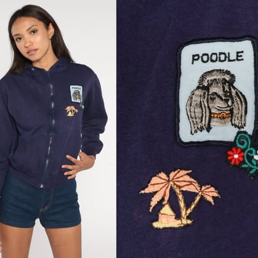 70s Patch Hoodie Sweatshirt Poodle Dog Sailor Zip Up Hooded Sweatshirt Floral Tropical Palm Tree Navy Blue Vintage 1970s Extra Small xs 