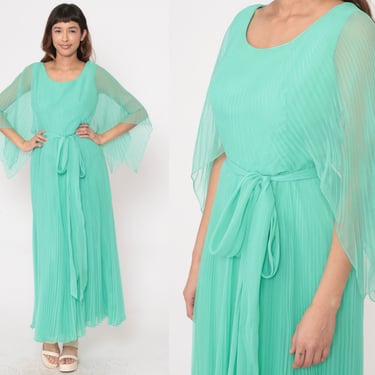 70s Chiffon Party Dress Mint Green Kimono Sleeve Grecian Maxi Dress Pleated Dress 1970s Boho Empire Waist Gown Formal Dress Capelet Medium 8 
