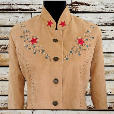 Panhandle Slim Vintage Retro Western Women's Cowgirl Jacket, Faux Suede with Embroidered Stars & Ropes, Tag Size Medium (see meas. photo) 