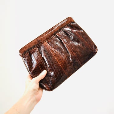 Vintage Brown Leather Clutch Snakeskin Python// Brown Patent Leather Snake Skin Bag Purse by J Renee 