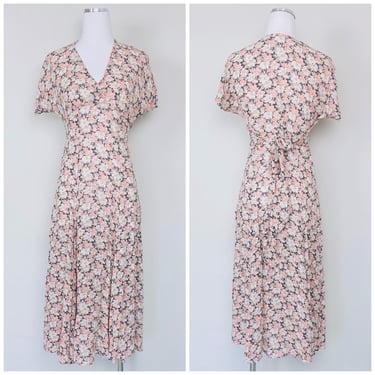 1990s Vintage Laura Ashley Floral Chiffon Tea Dress / 90s Nineties Sheer Poly Midi Day Dress / Size Small - Medium 