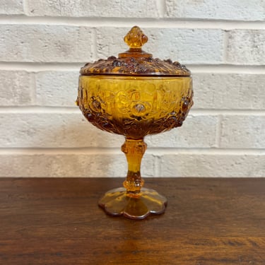 Vintage Fenton Amber Cabbage Rose Footed Candy Dish - Elegant Glass Trinket Bowl 