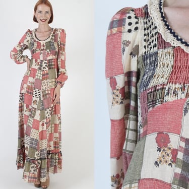 Jack Kramer 70s Smocked Dress, Patchwork Ric Rac Trim, Cottagecore Prairie Maxi Dress 