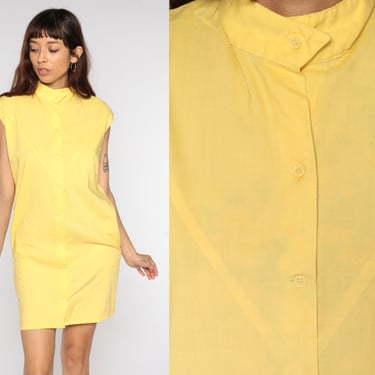 80s Mini Dress Shirtdress Shift Yellow Button Up Dress 1980s Cap Sleeve Plain Simple Vintage Retro MiniDress Collar Casual Small Medium xs 