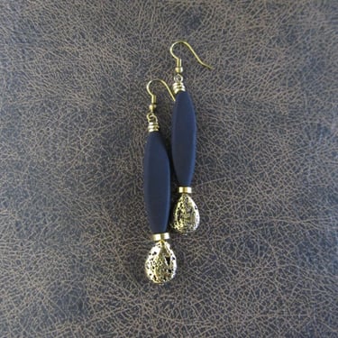 Long gold lava rock and black mid century modern earrings 
