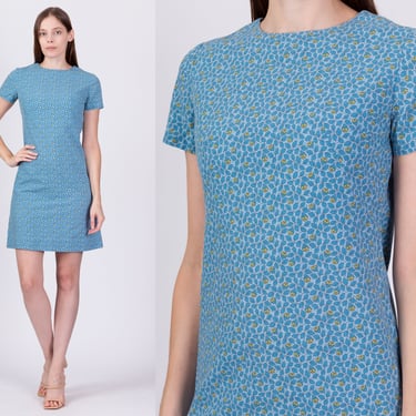 60s Blue Floral Mini Dress - Extra Small | Vintage Leaf Print Boho Short Sleeve Shift Dress 