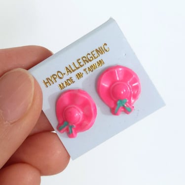 Cute Small Vintage 80s Neon Pink Colored Sun Hats Plastic Stud Earrings 