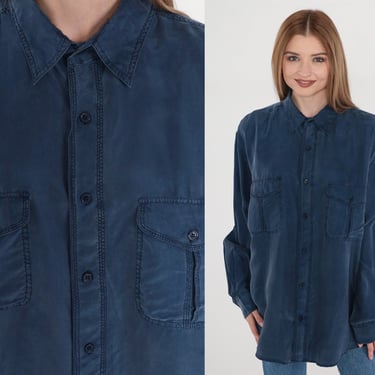 Blue Silk Shirt 90s Oxford Button Up Shirt Long Sleeve Collared Shirt Chest Pocket Plain Retro Casual Boyfriend Vintage 1990s Men's Large L 