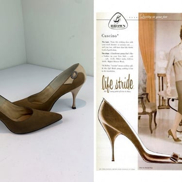 Cappuccino Days - Vintage 1950s 1960s Taupe & Brown Nubuck Leather Heels Shoes Pumps - 7 1/2 