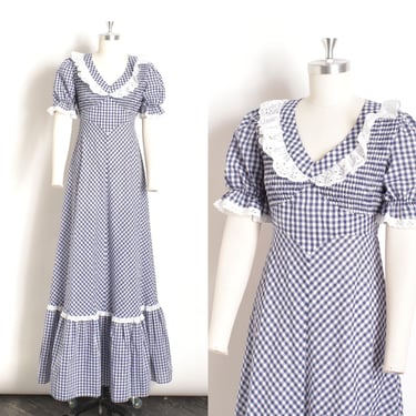 Vintage 1970s Dress / 70s Jody T Gingham Cotton Maxi Dress / Blue White ( S M ) 