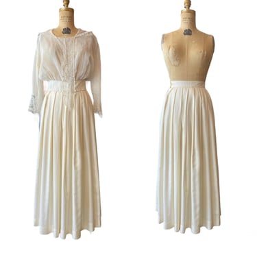 1980s cream silk skirt, perry ellis, 80s designer skirt, x-small, pleated midi skirt, 24 waist, minimalist style, classic fashion 