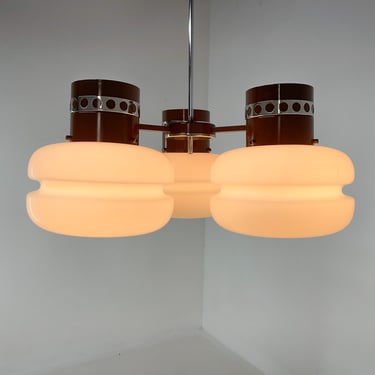 1970's Milk Glass and Metal Chandelier by Napako, Marked / Vintage Chandelier / Mid Century Lighting / Heavy 