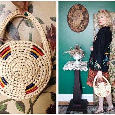 1950s Straw Bag // Round Woven Straw Purse // vintage 50s bag 