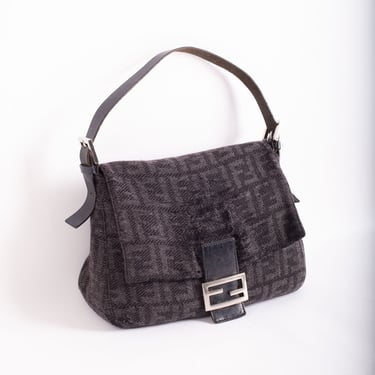 Vintage Fendi Wool Zucca Mama Forever Baguette in Gray  + Black FF Monogram Bag Shoulder Bag Purse Leather Silver Minimalist 