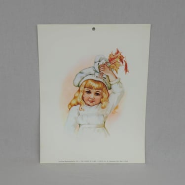 70s 80s Reproduction Victorian Print - Pretty Girl in White with Fall Leaves - Vintage 1970s 1980s - 8 1/2