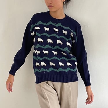 80s scenic sheep farm landscape wool sweater / vintage wool handknit sheep landscape Princess Di sweater | Large 
