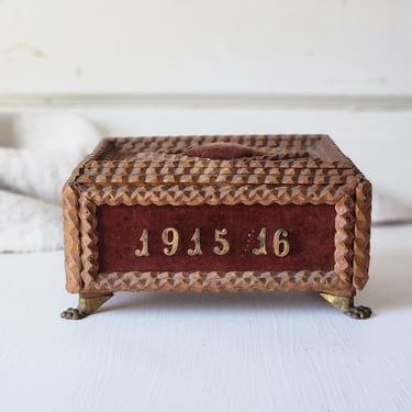 Antique tramp art box Germany WWI with pin cushion on top 