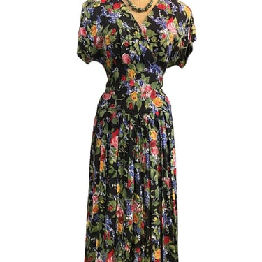 1980s midi dress, black floral rayon, 80s does 40s, size medium, wrap bust, full skirt, dolman sleeves, 1940s style, scarlett 