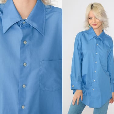 70s Button Up Shirt Blue Disco Shirt 1970s Dagger Collar Pocket Shirt Vintage Long Sleeve Retro Plain Large 