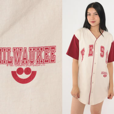 90s Milwaukee Summerfest Baseball Shirt Fest 1993 Fest Button Up Jersey Sportswear 1990s Vintage Short Sleeve Graphic Cream Red Medium 