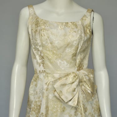 vintage 1960s gold floral brocade sleeveless party holiday dress w/ bow detail XS/S 