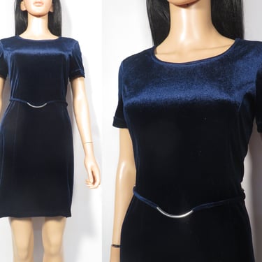 Vintage 90s Velvet Navy Blue Mini Dress With Built In Belt Size M 