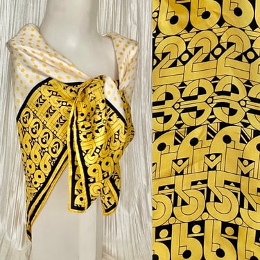 Abstract Mod Scarf, Silk, Op Art, Geometric Numbers Design, Bright Yellow and Black, Vintage 60s 70s, 