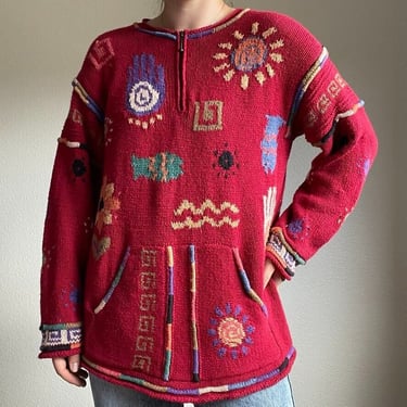 Vintage 90s Icelandic Design Red Hippie Boho Cotton Quarter Zip Sweater Sz M 