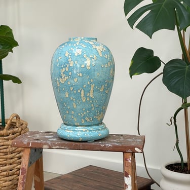 vintage handmade aqua splatter vase with pedestal