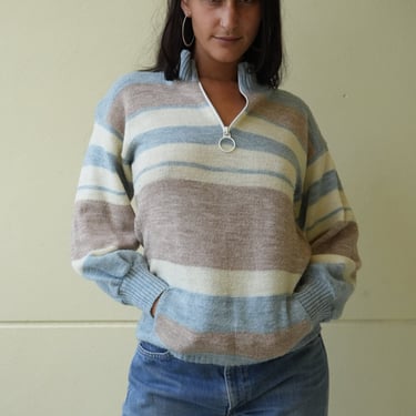 1970's Collar Sweater with O Ring Zipper and Pockets / Knit Stripe Top / Blue White Stripe 