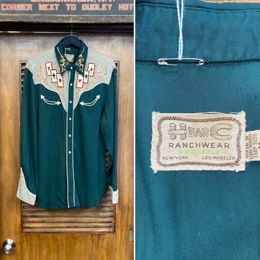 Vintage 1950’s “H Bar C” Playing Card Design Western Cowboy Rayon Gabardine Rockabilly Shirt, 50’s Vintage Clothing 