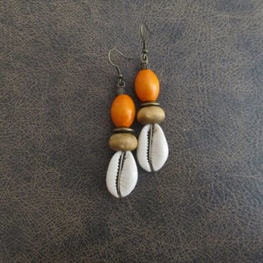 Cowrie shell earrings, bold bright orange statement earrings 