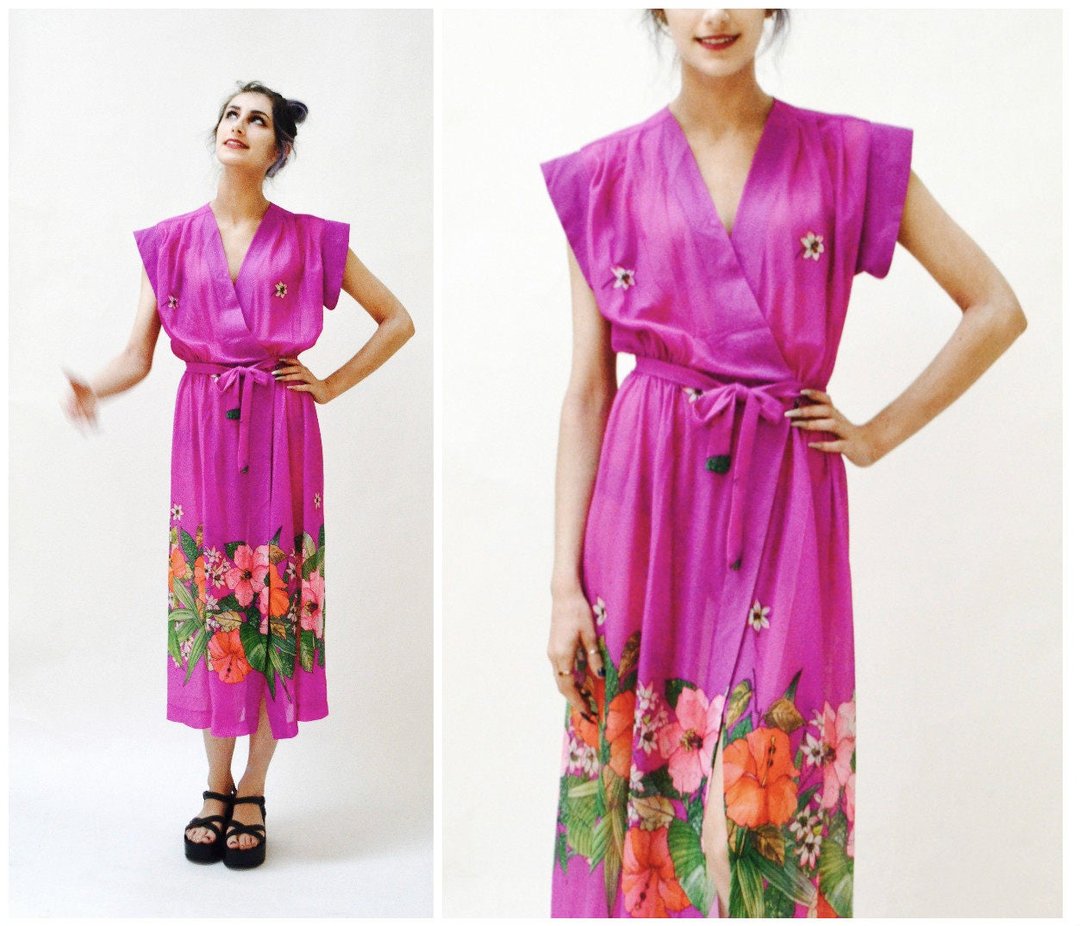 Pink and Purple Floral Printed Sheer Dress main image 1