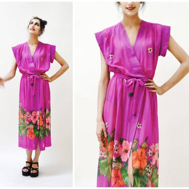Vintage 80s Vintage Floral Print Sheer Dress Small Beach Coverup Dress Hawaiian Summer Cruise Neon Pink Purple Dress By Gottex 