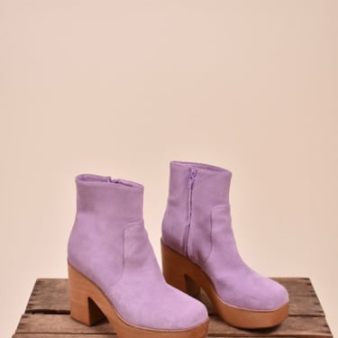 Lavender Designer Suede Wooden Platform Boots By Charlotte Stone, 7