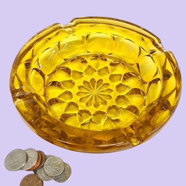 Vintage Anchor Hocking Ashtray Retro 1970s Mid Century Modern + Amber Glass + Fairfield Pattern + Round + Storage and Organization + Decor 
