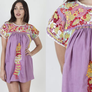 Purple Hand Embroidered Oaxacan Short Dress From Mexico 